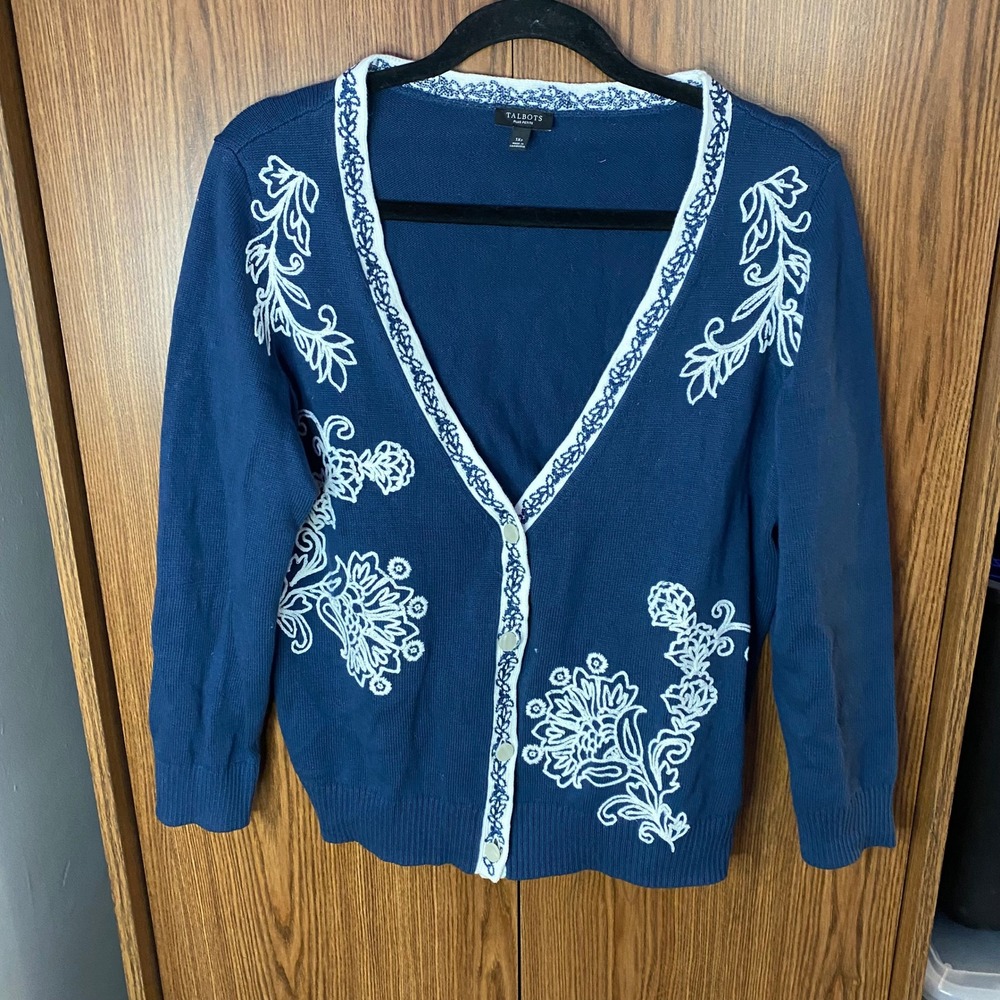 Talbots Cardigan Sweater Womens 1XP‎ Blue White Floral Embroidered Cotton Knit